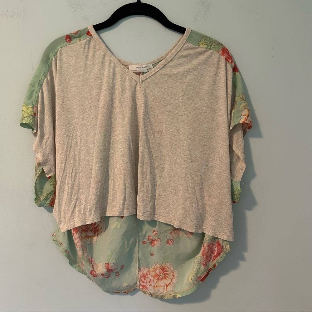 Zara W&B Collection Gray & Mint Green Floral Bat Wing Sleeve Blouse Size Small